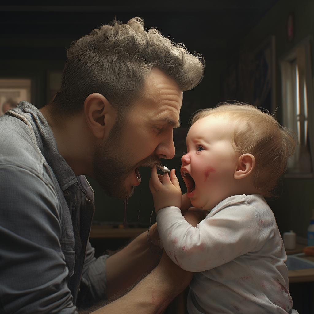 Father brushing baby's teeth gently