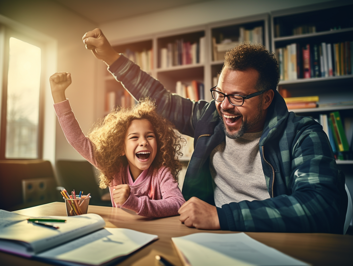 Father and Daughter Celebrate Homework Success