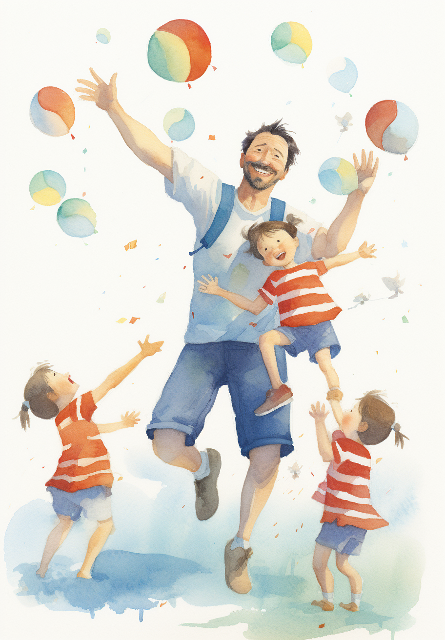 Father playing with kids in watercolor style