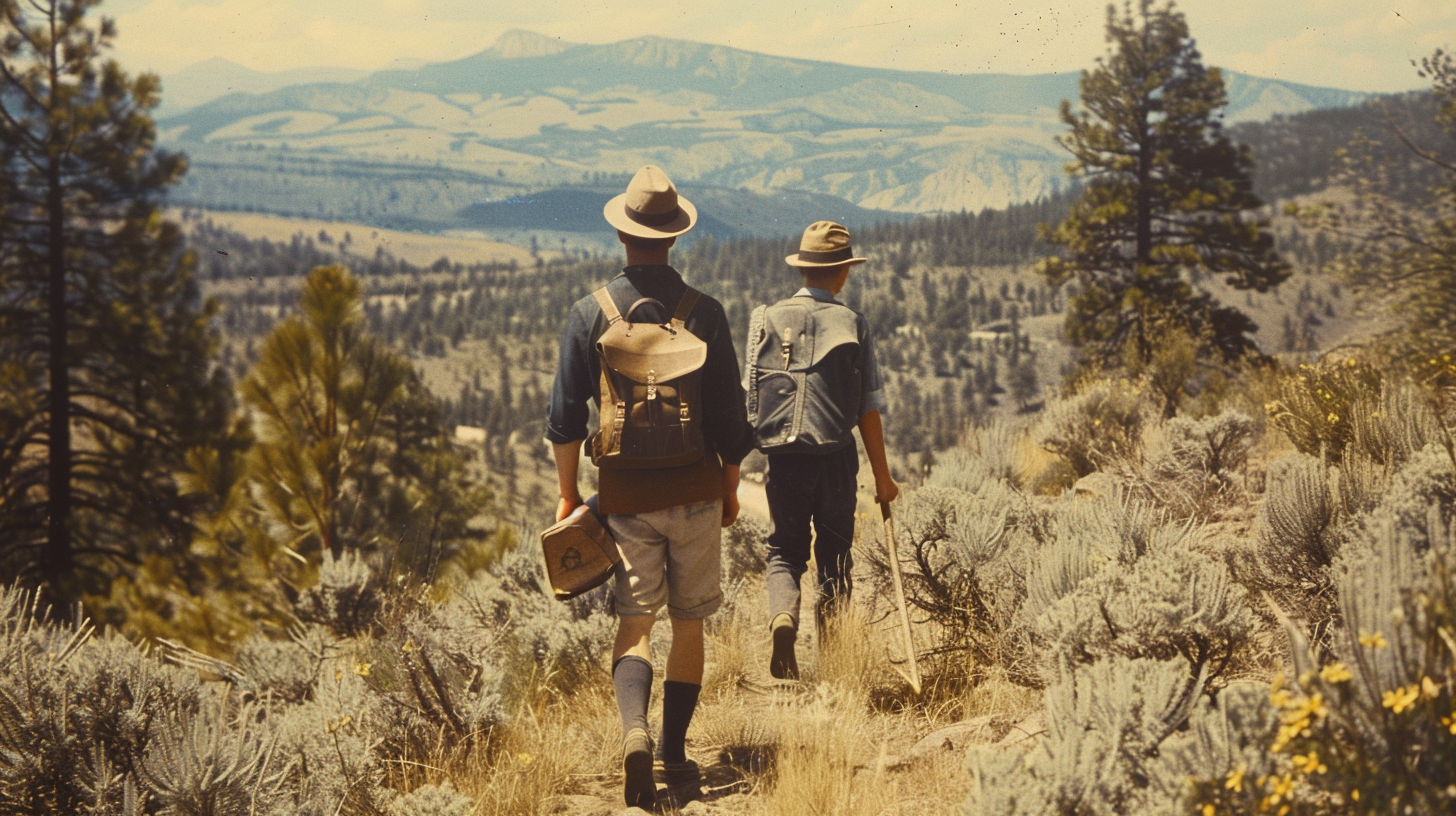 Vintage father and son hiking