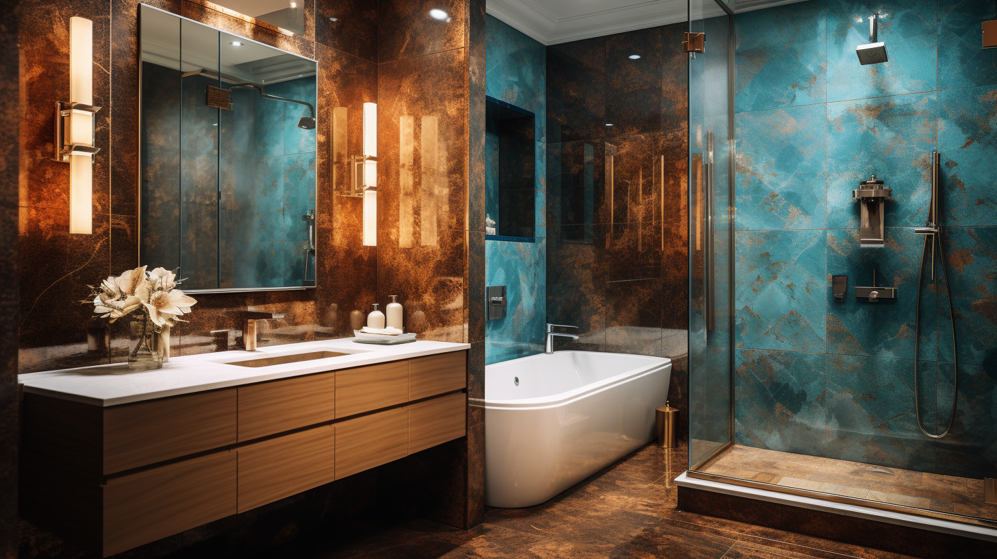 Beautifully designed bathroom suite with faux tortoise shell tiles