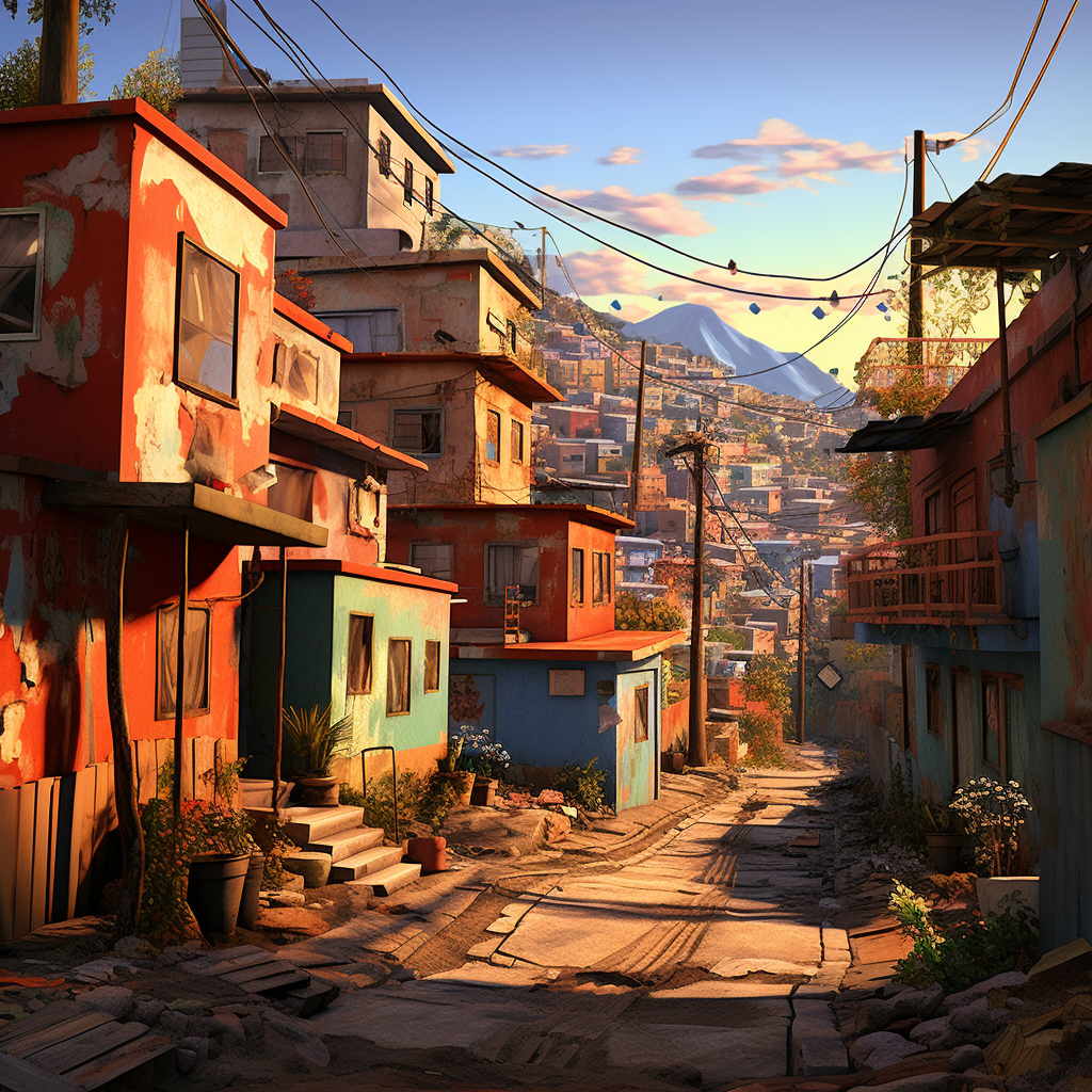 Vibrant favelas and frontierline scenery in Pixar animation style.