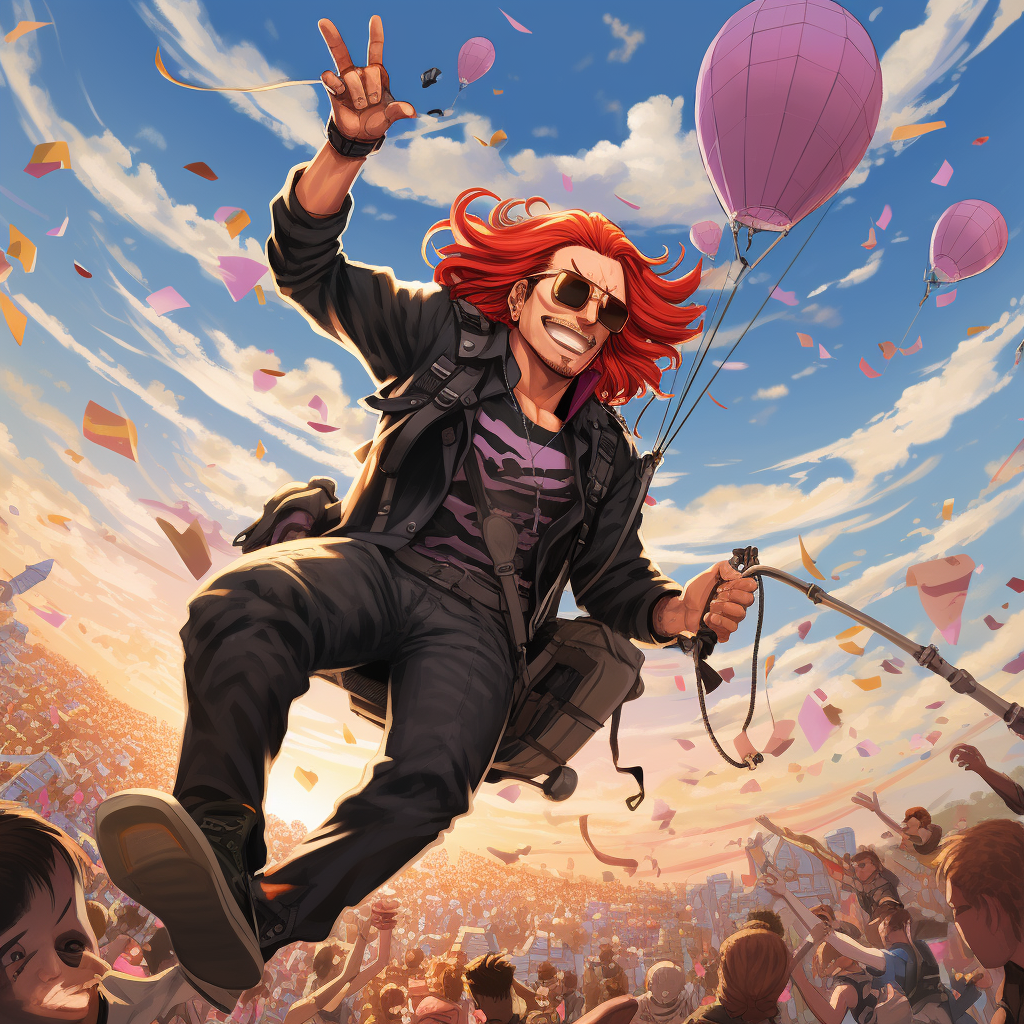 Muscle-bound man with red hair paragliding at festival