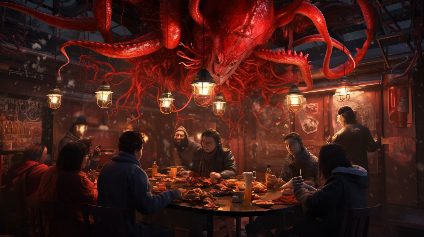 Group feasting on unknown sea creatures