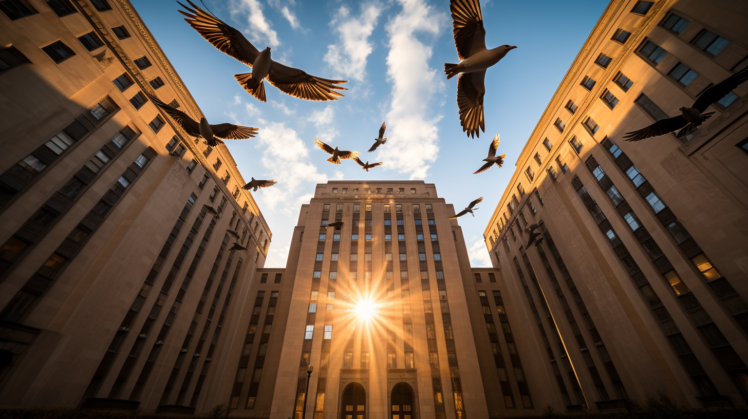 Majestic birds circling Federal Reserve building