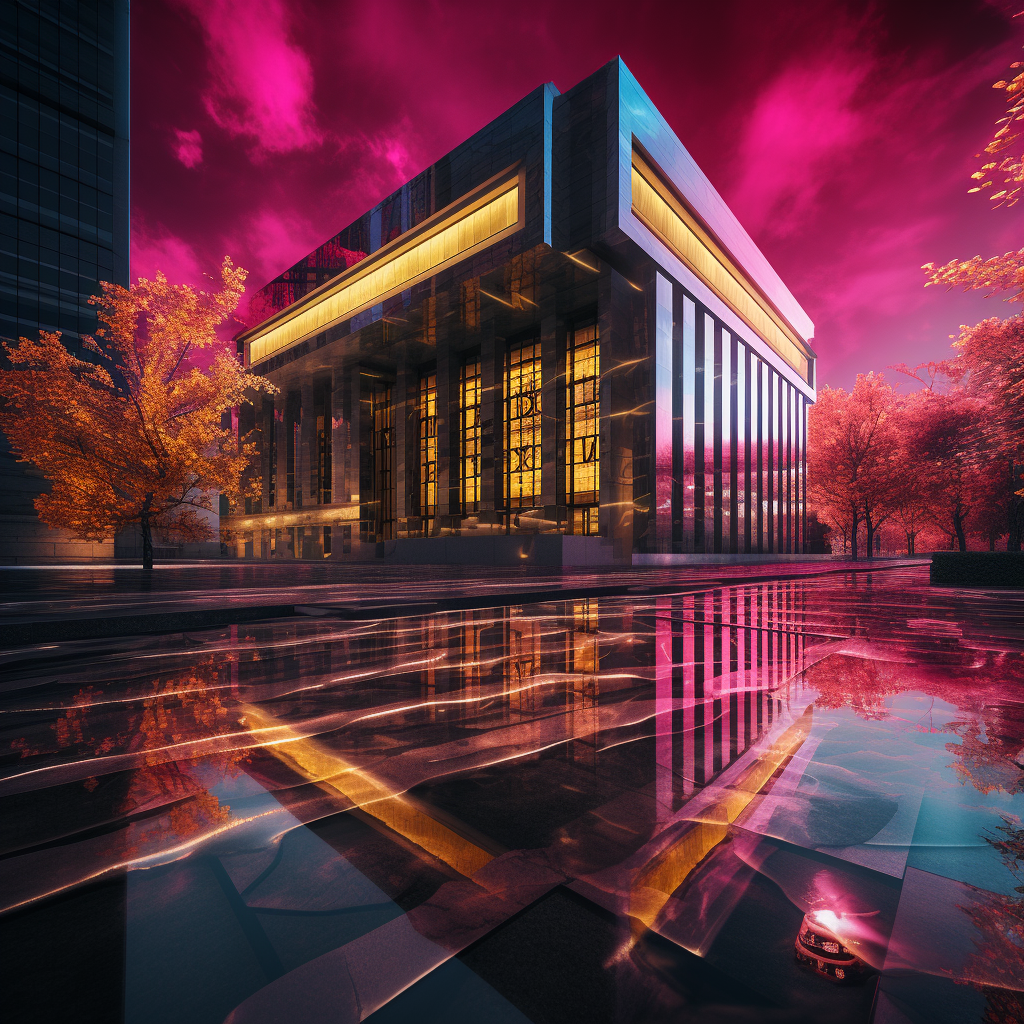 Futuristic Federal Reserve building in bright colors