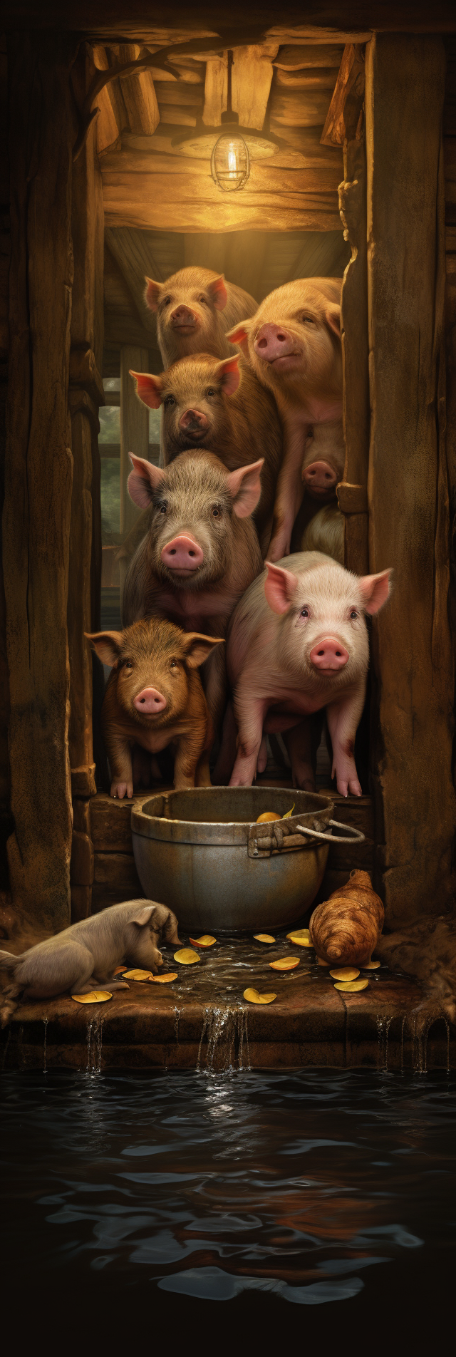 Domestic pigs eating at feeding trough