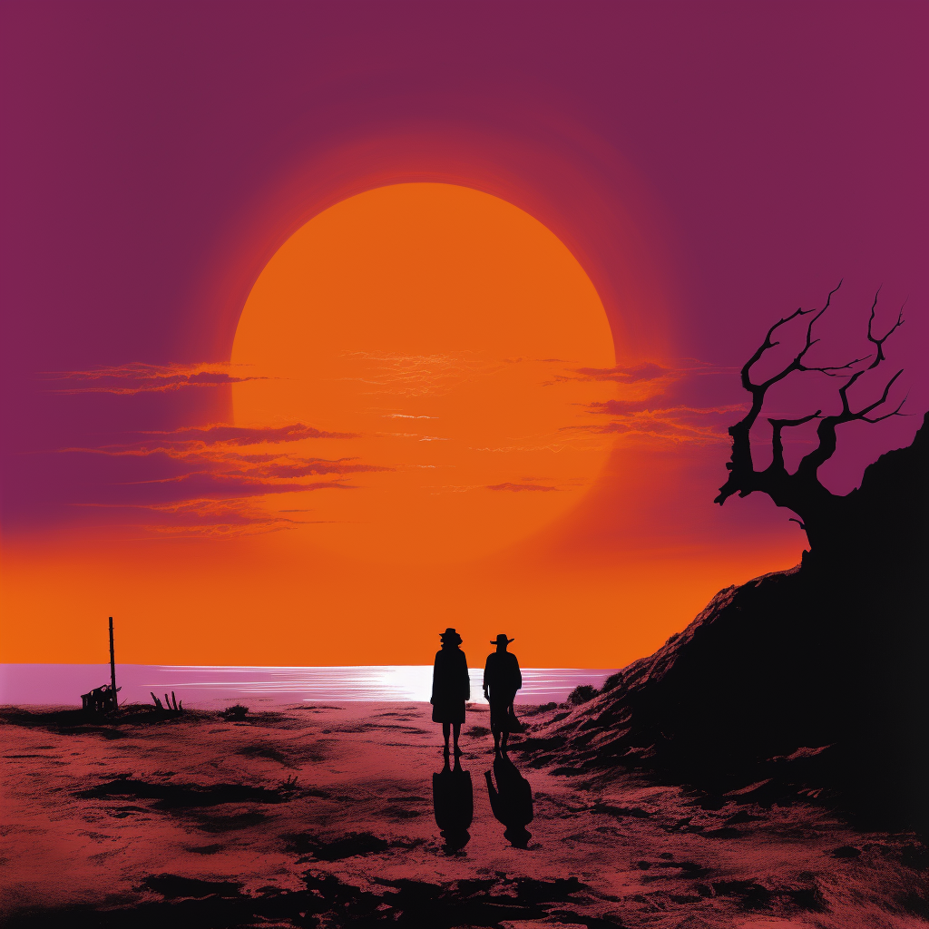 Dramatic orange and purple skies in Fellini-inspired western scene.