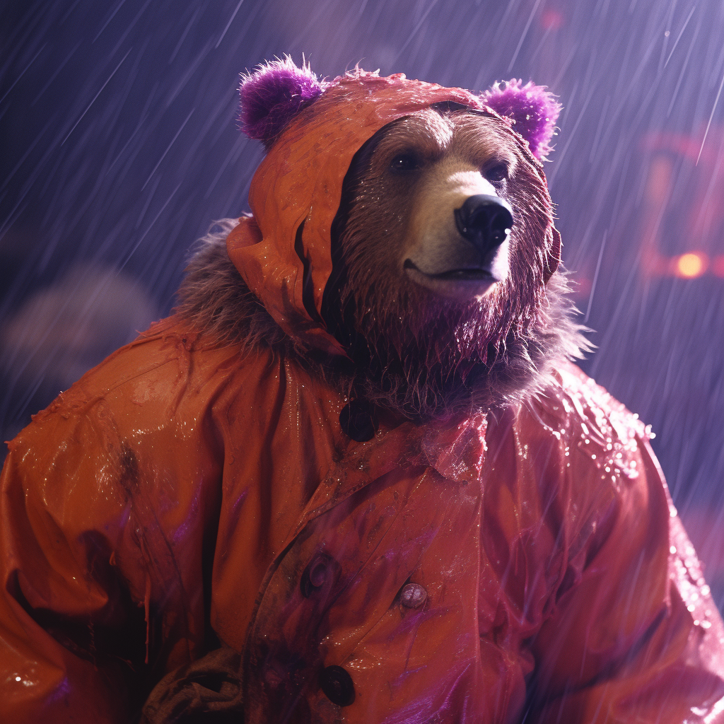 Vibrant Fellini Film Still: Bear in Space Suit