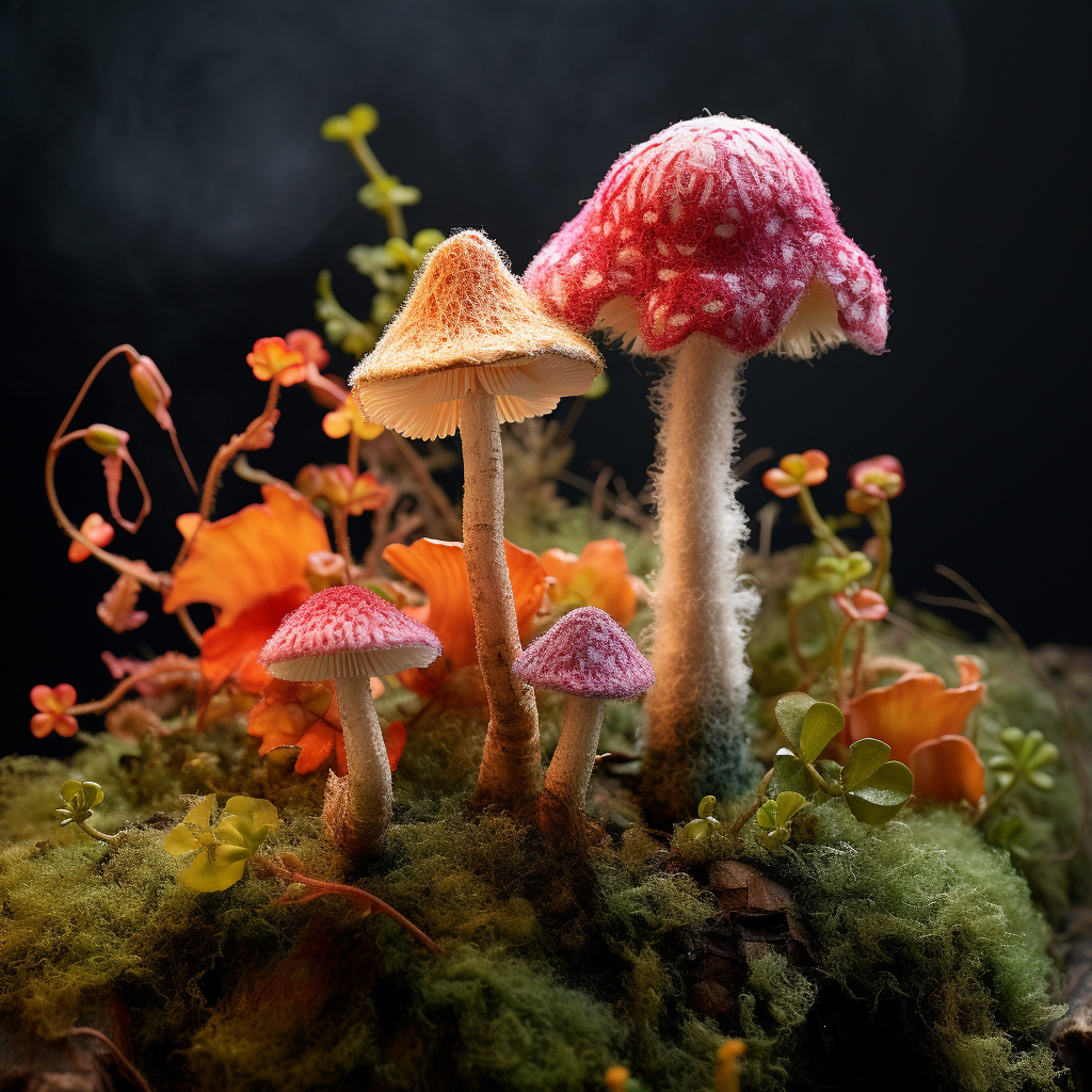 Colorful felted fungi made from flowers