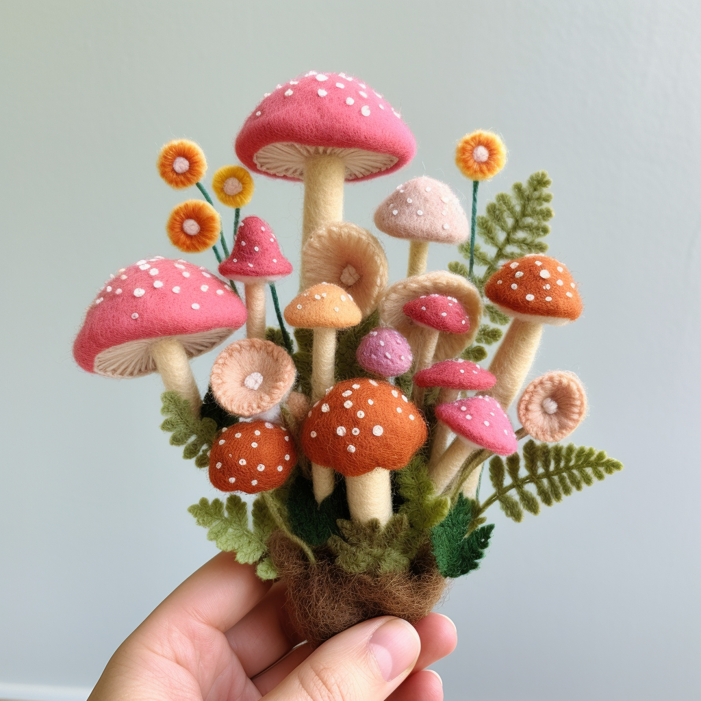 Colorful felted fungi made of flowers