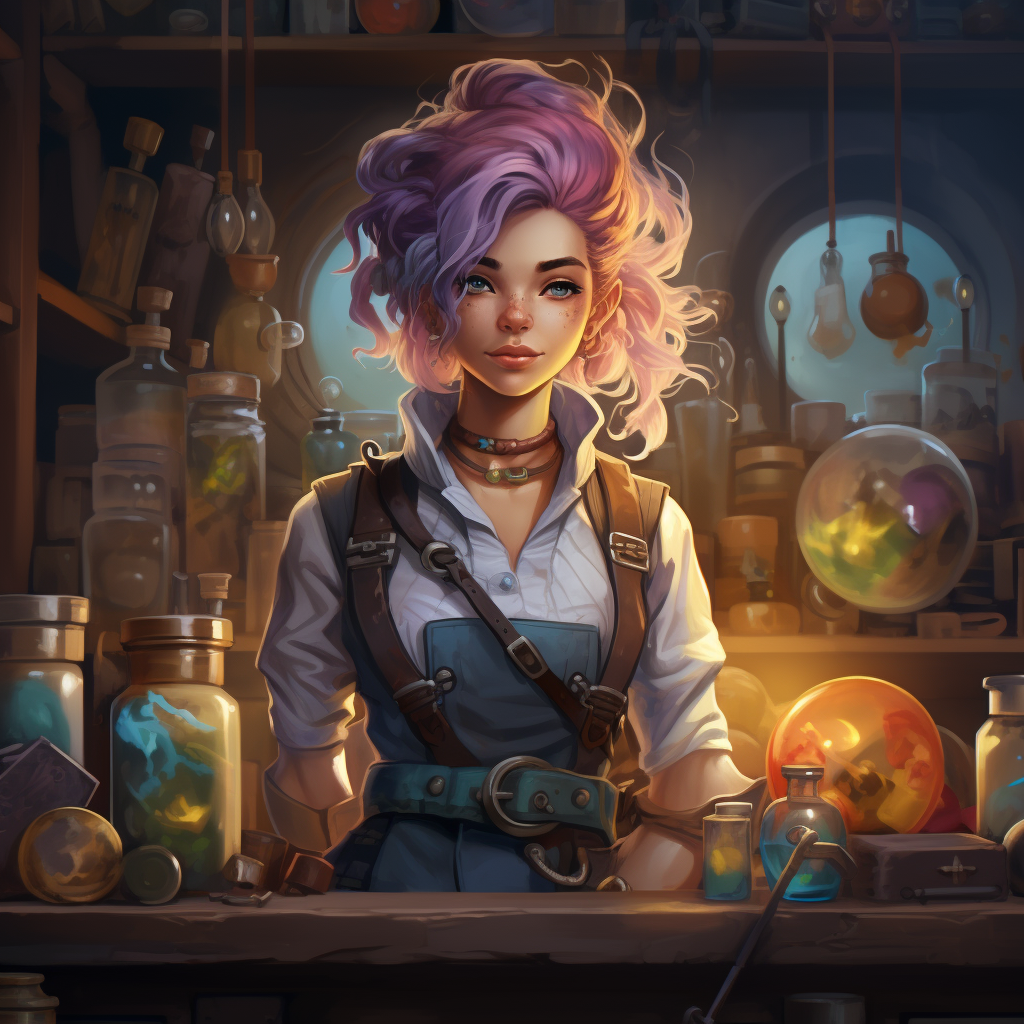 Cartoon of female alchemist with multicoloured hair and potions