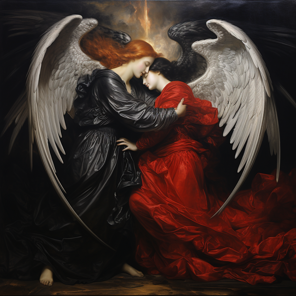 Hyperrealistic painting of two female angels embracing