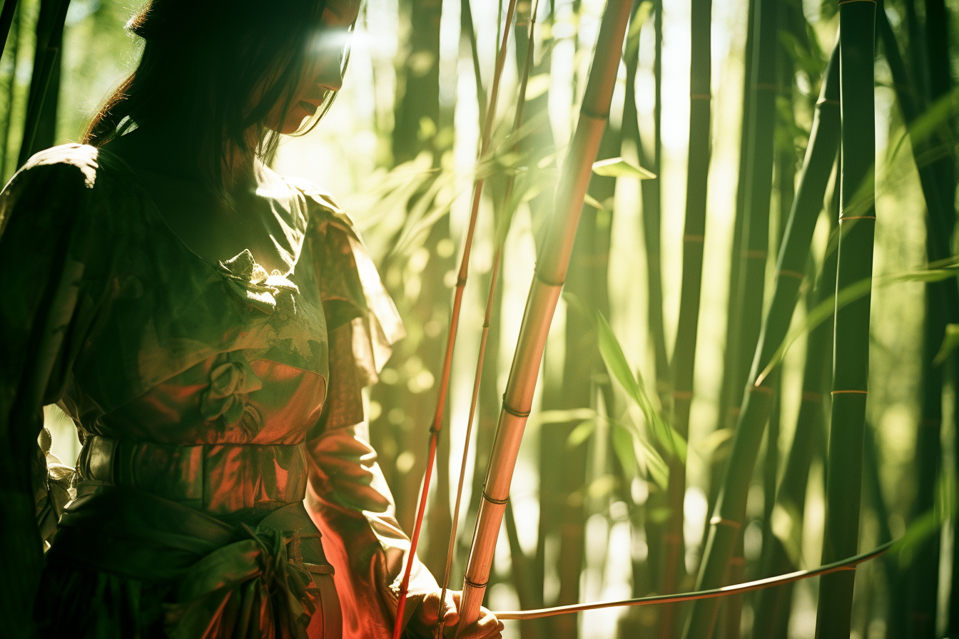 Female Archer in Dense Bamboo Forest