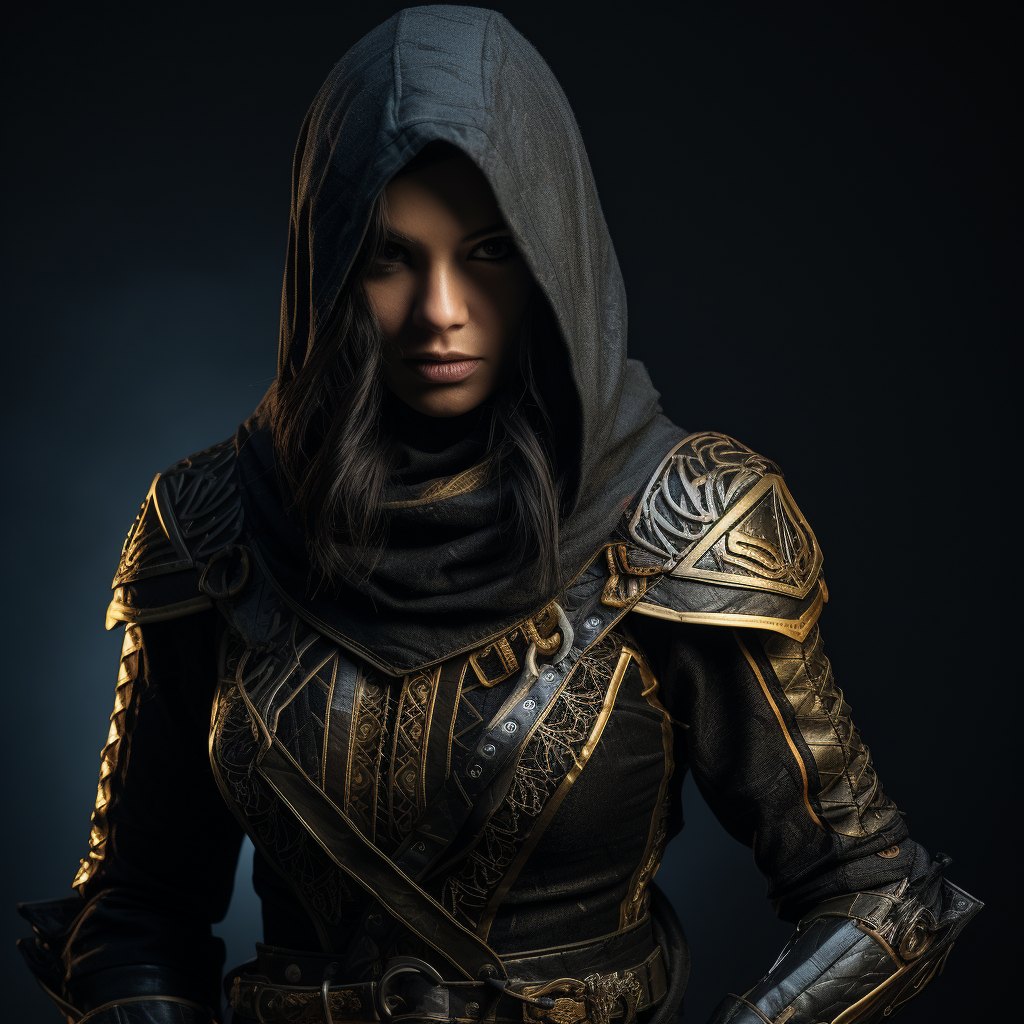 Female assassin in black and gold armor