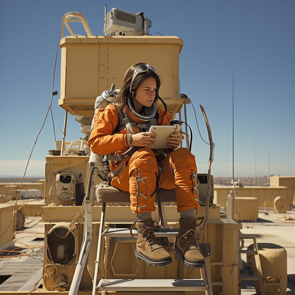 Female astronaut checking inventory on spacecraft rooftop