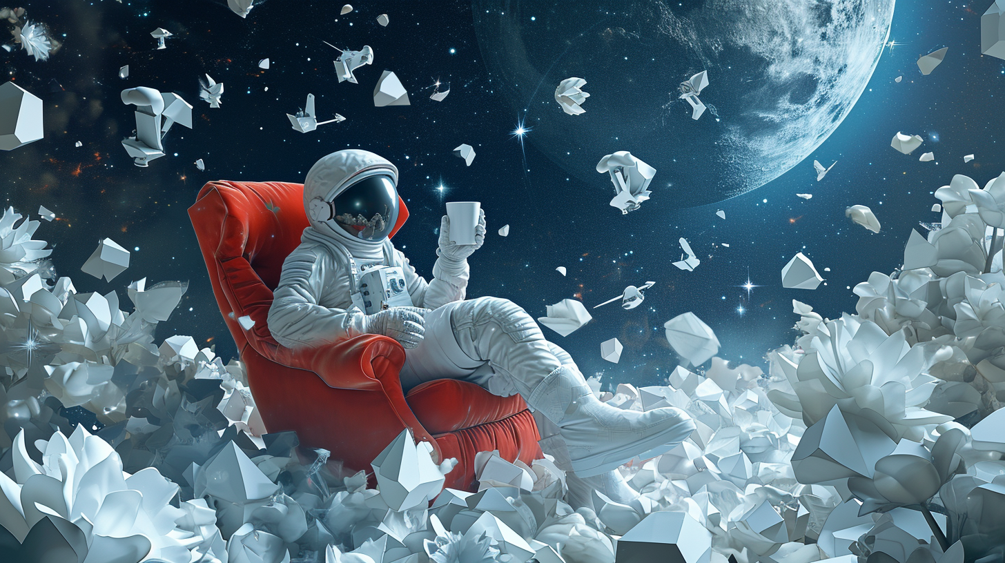 Female Astronaut with Coffee on Moon