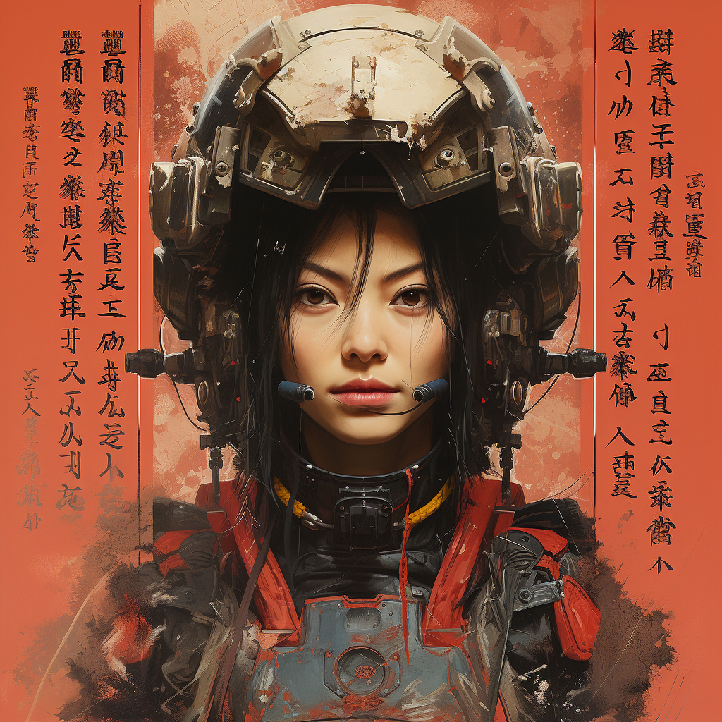 Female astronaut samurai in retrofuturistic sci-fi poster