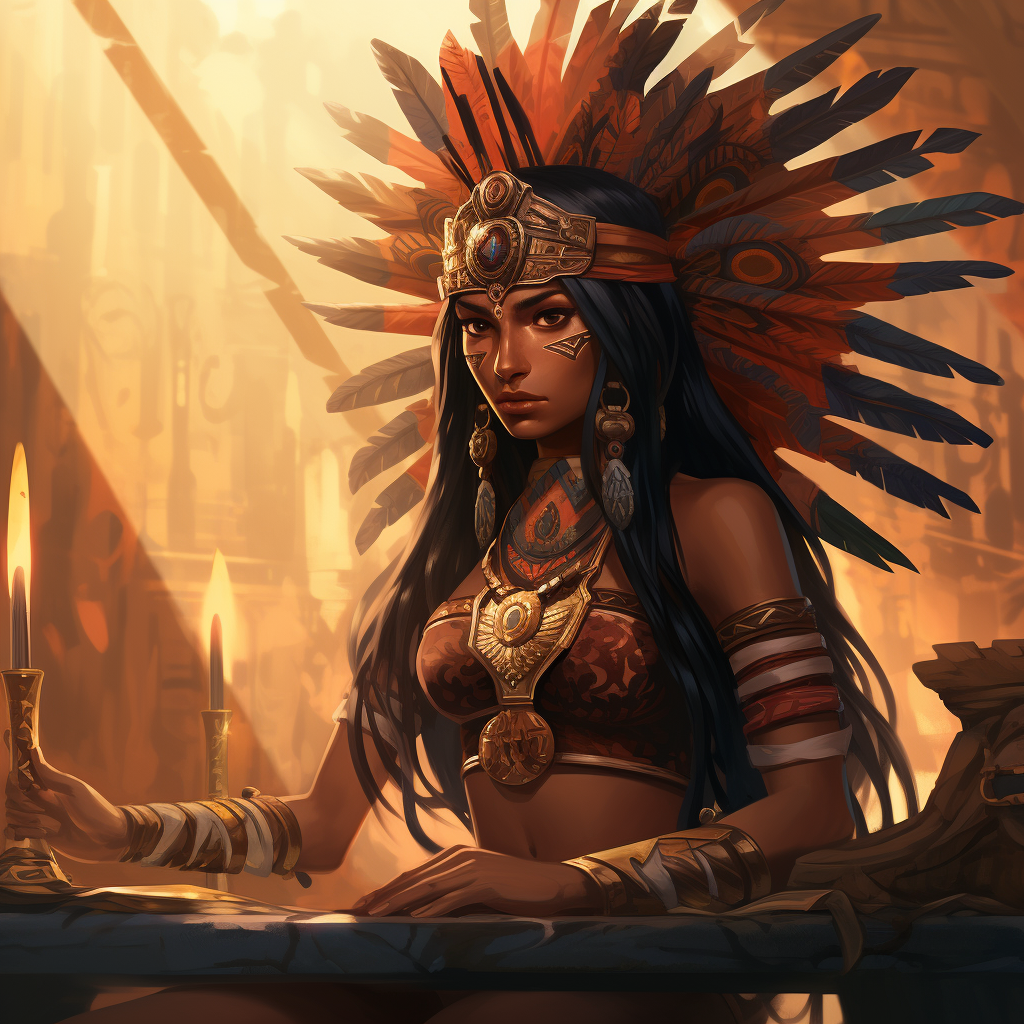 Aztec priestess performing ritual with knife