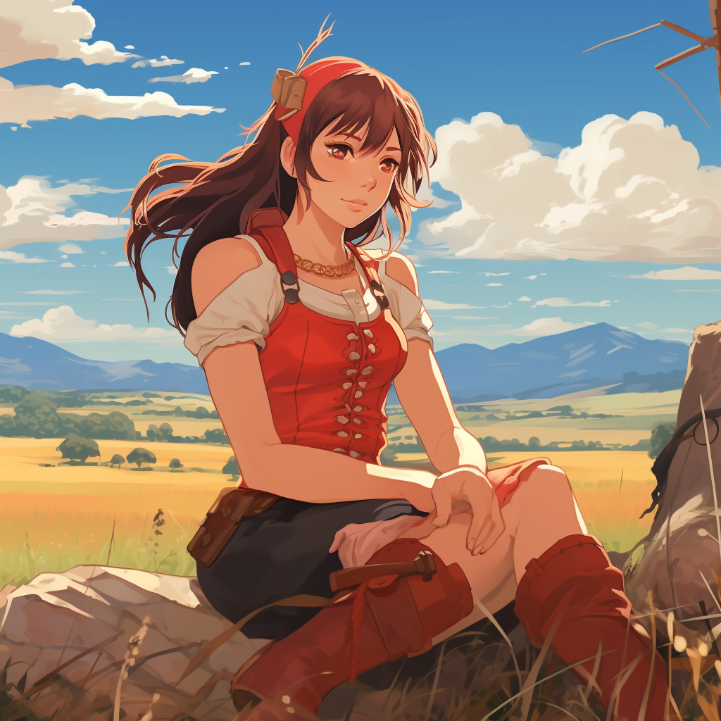 Anime female barbarian relaxing in Studio Ghibli style