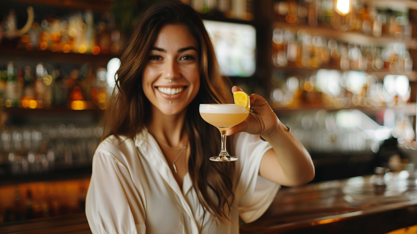 brunette bartender holding whiskey sour cocktail