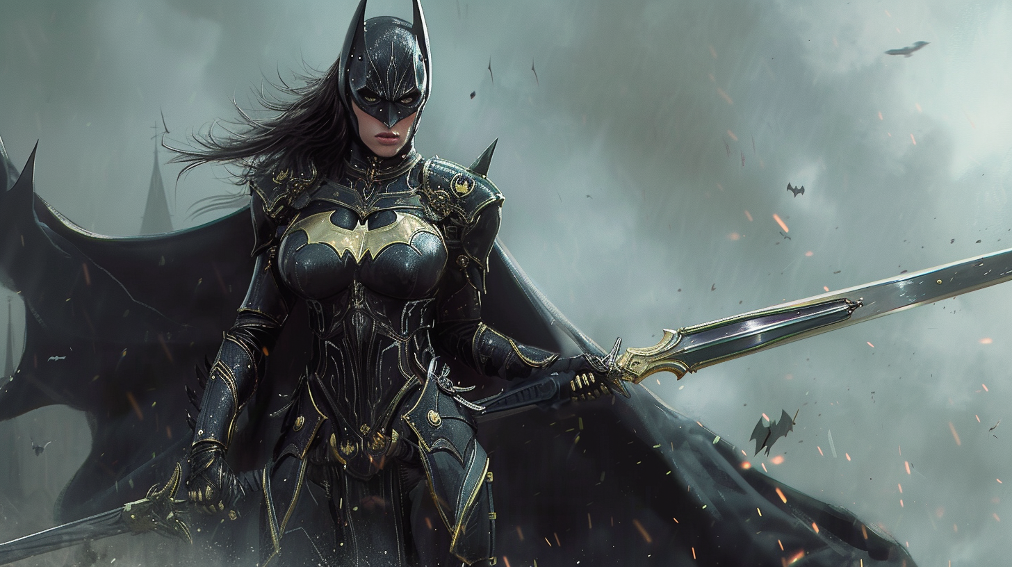 Female Batman in Armor with Long Sword on Battlefield