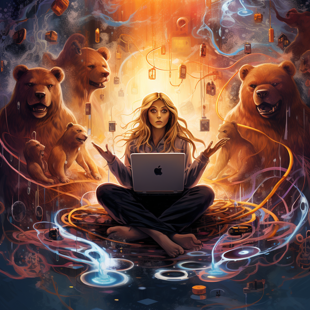 surreal female bear with laptop and bitcoin