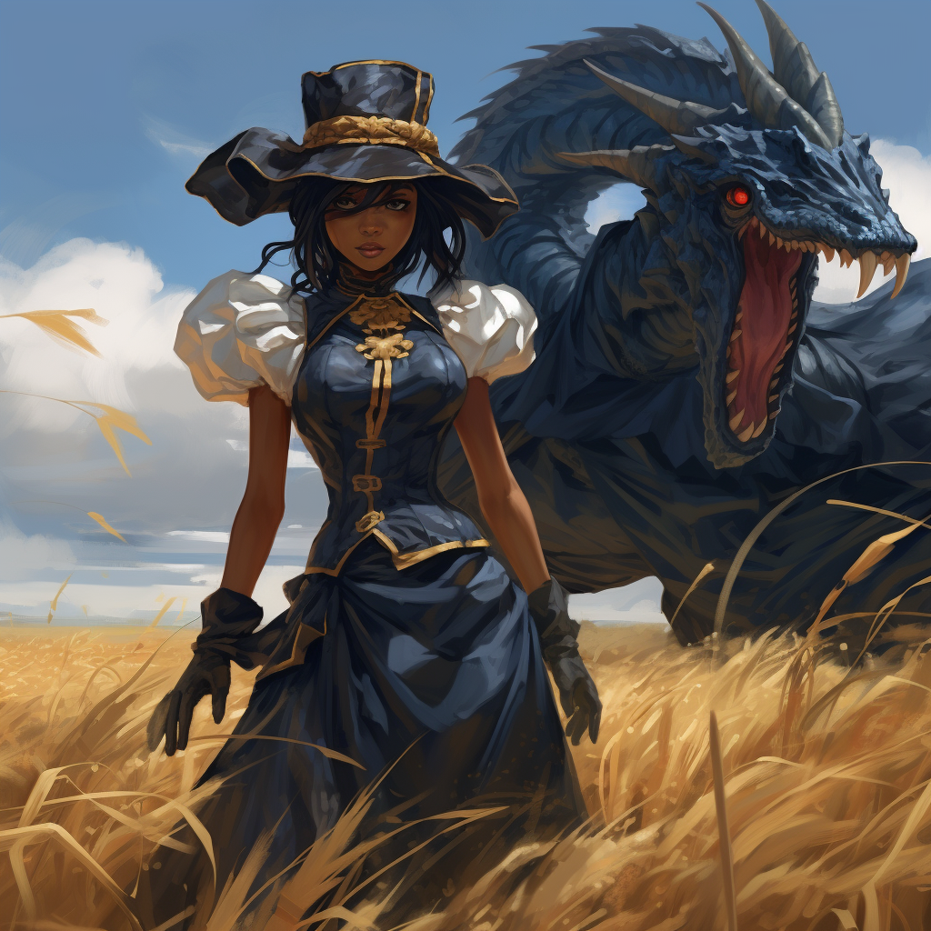 Scary black dragon in farmer outfit