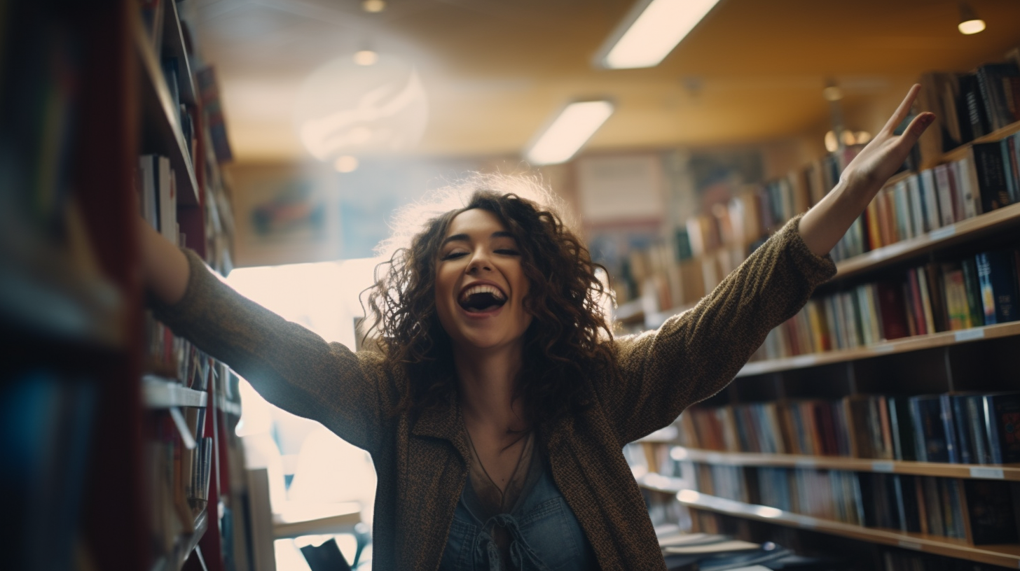 Smiling female bookstore employee with a cart full of books