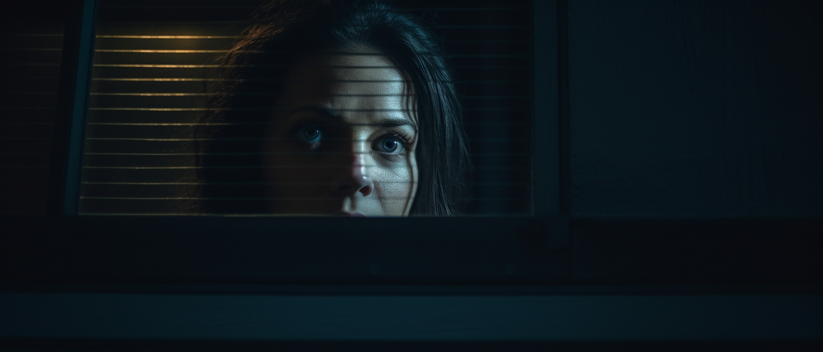 Mysterious female burglar looking through a house window