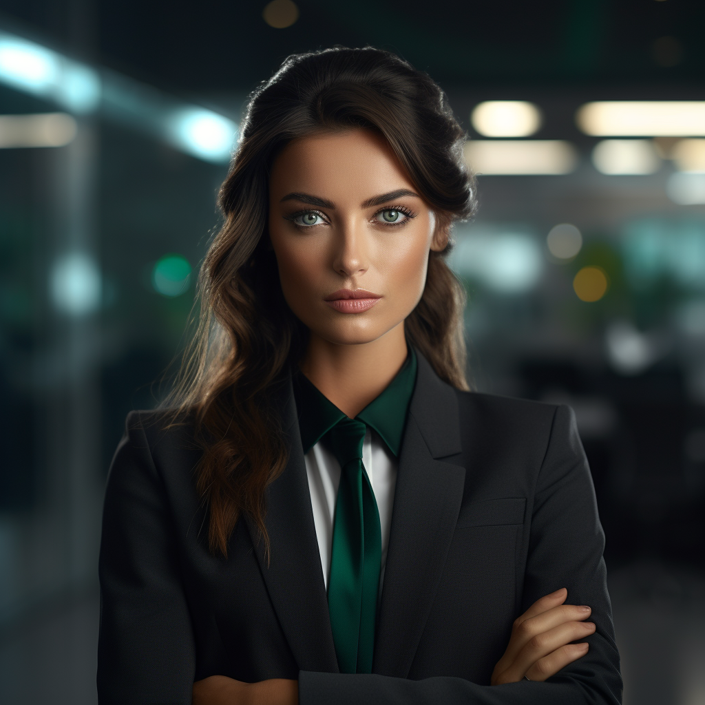 Confident female business leader with green eyes