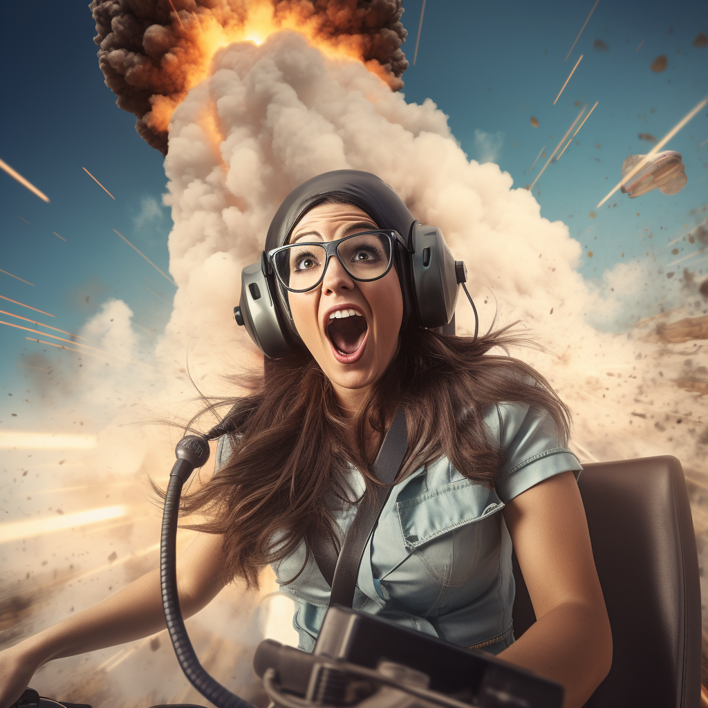 Female Call Center Agent Riding Rocket