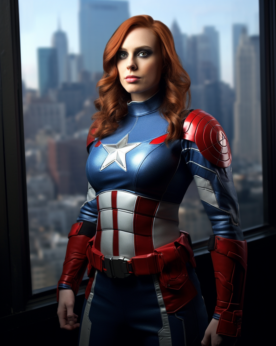 Photo-realistic female Captain America with American flag