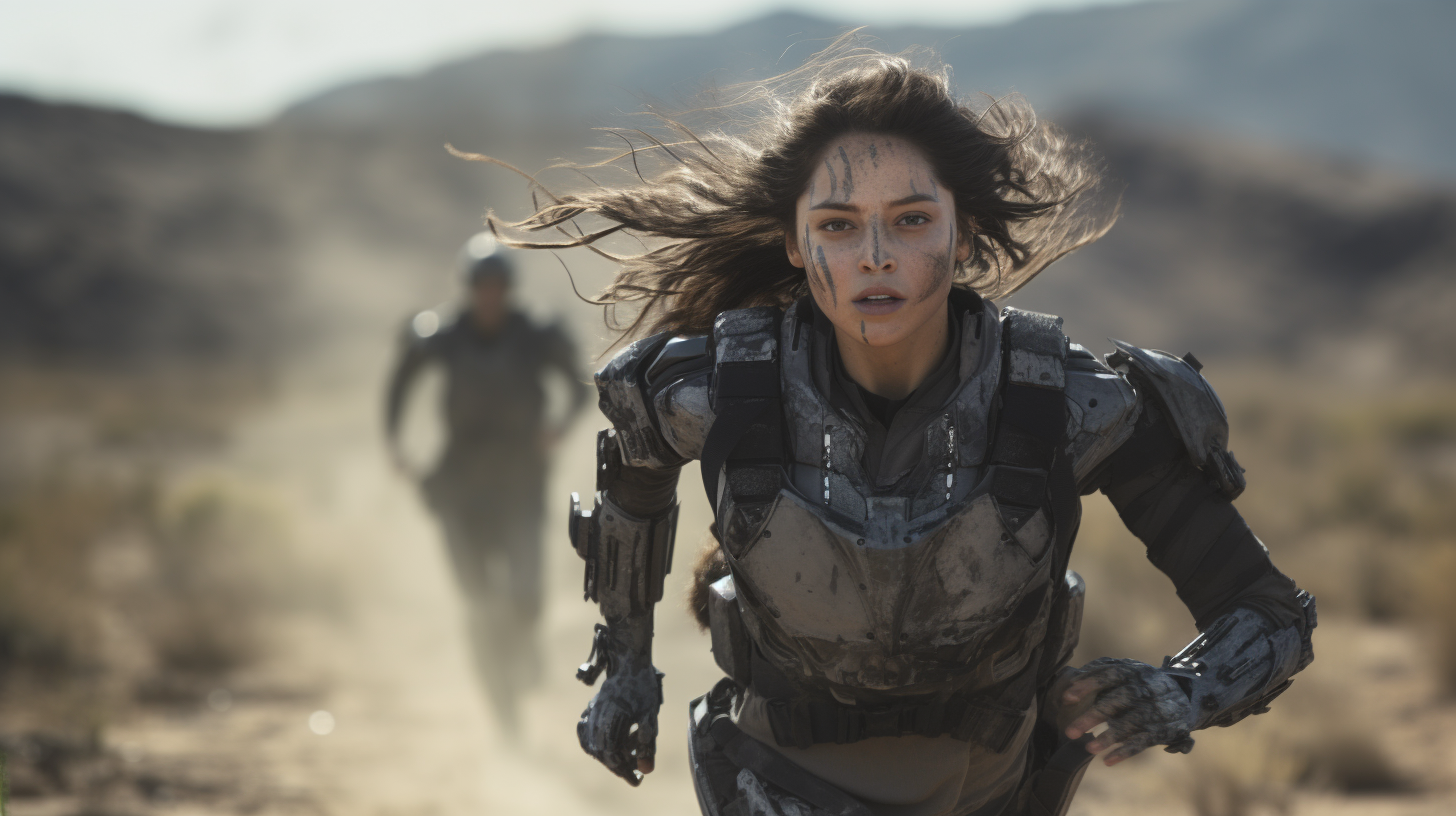 Female Centauress Cyborg Running on Battlefield