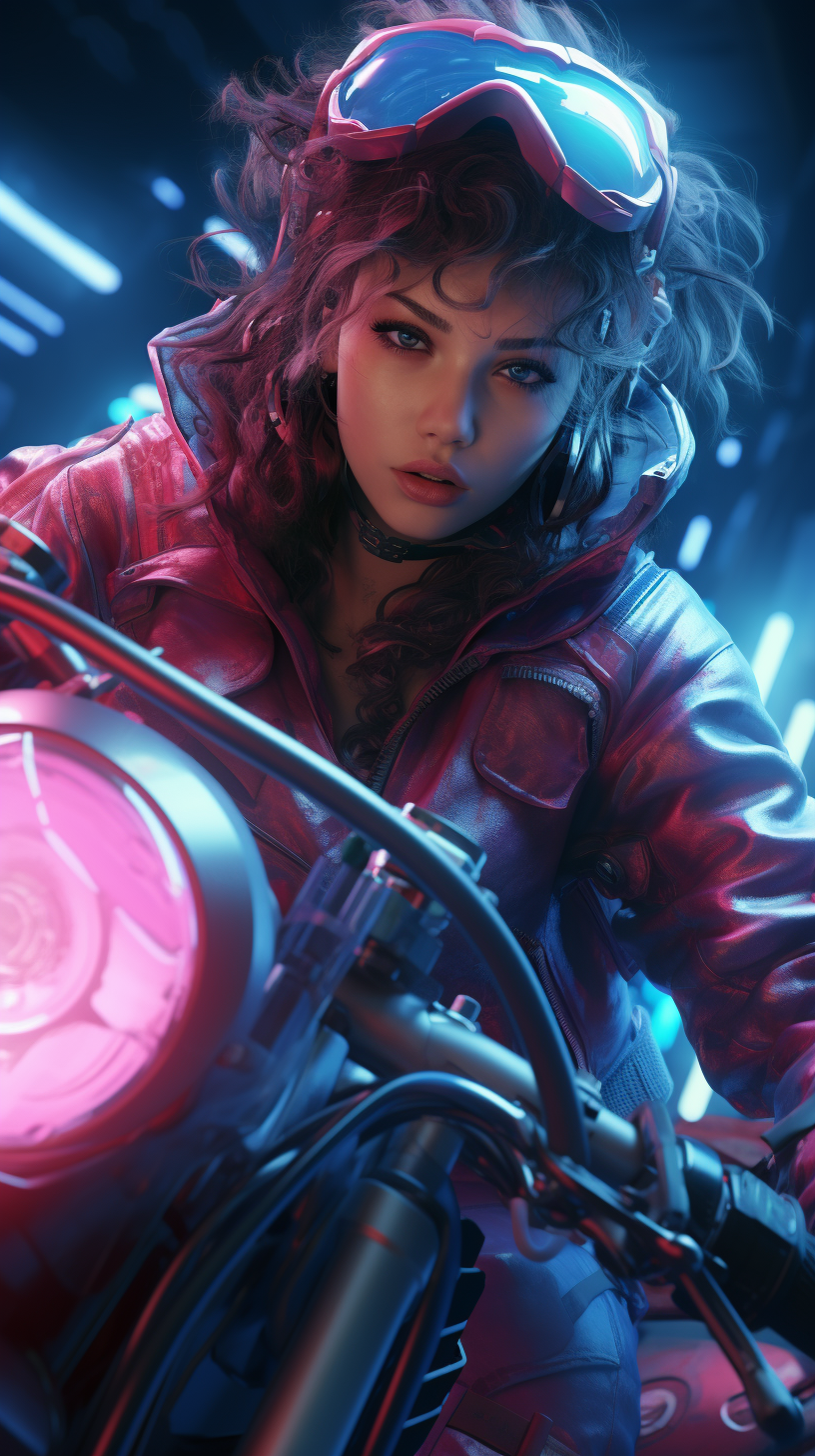 Female character on futuristic space motorbike inspired by Akira