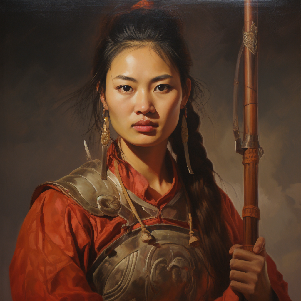 Oil portrait of female Chinese warrior with halberd