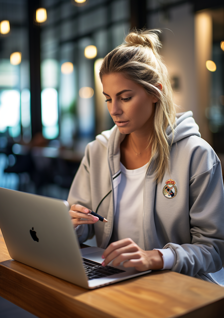 Female coach working on MacBook with Real Madrid attire