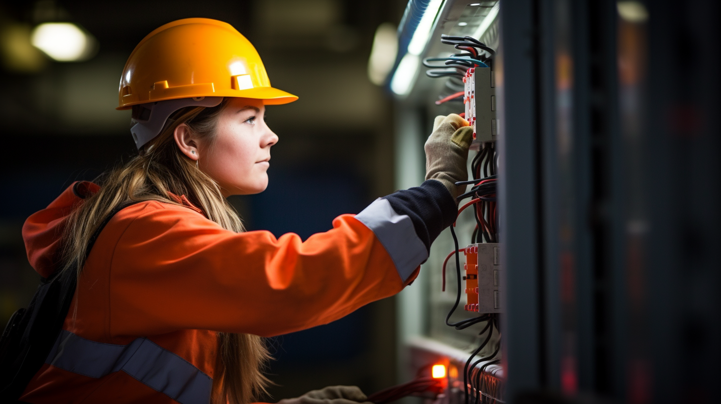 Female electrician working on a fuse box