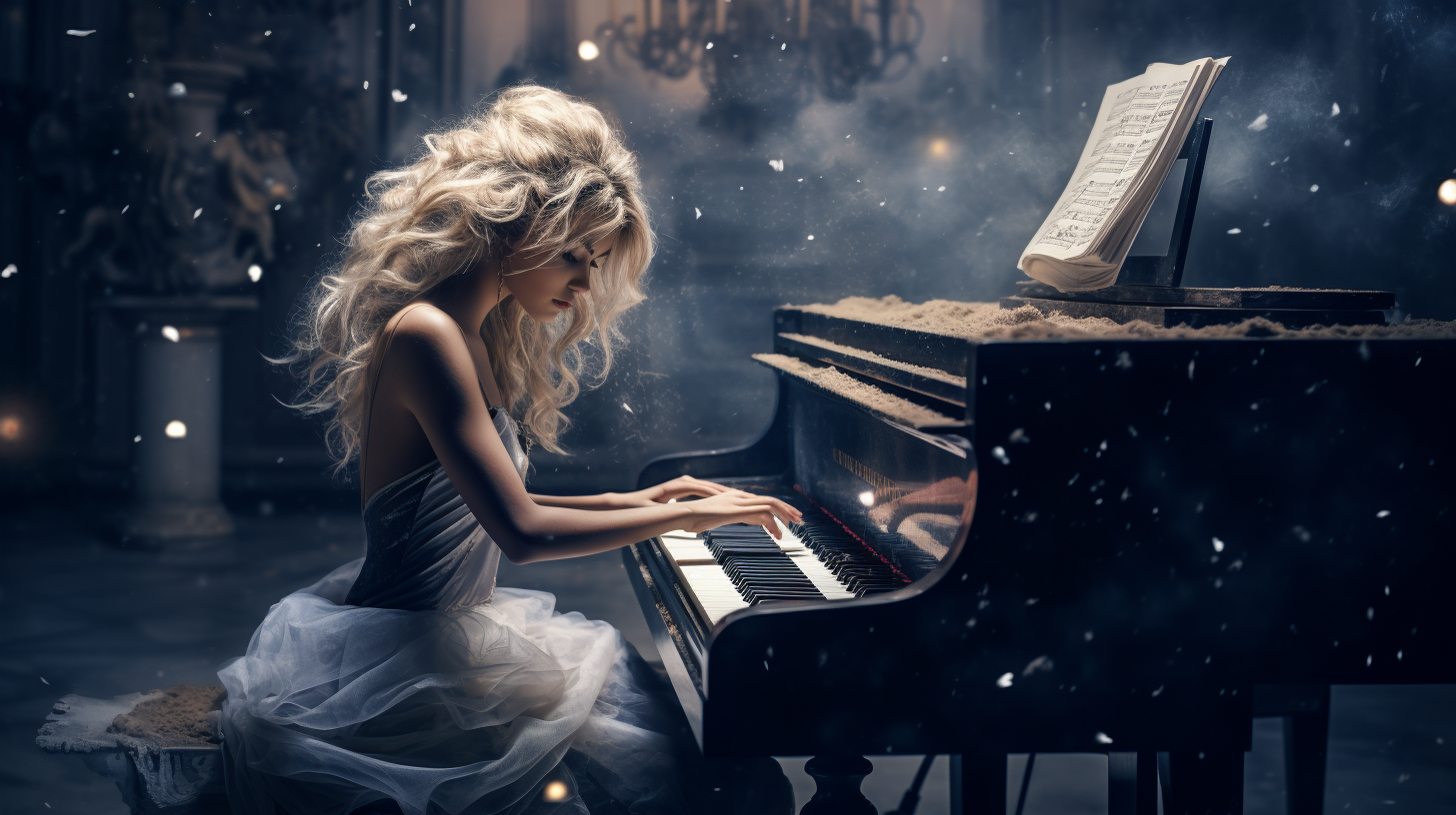 Artistic representation of female composer at piano