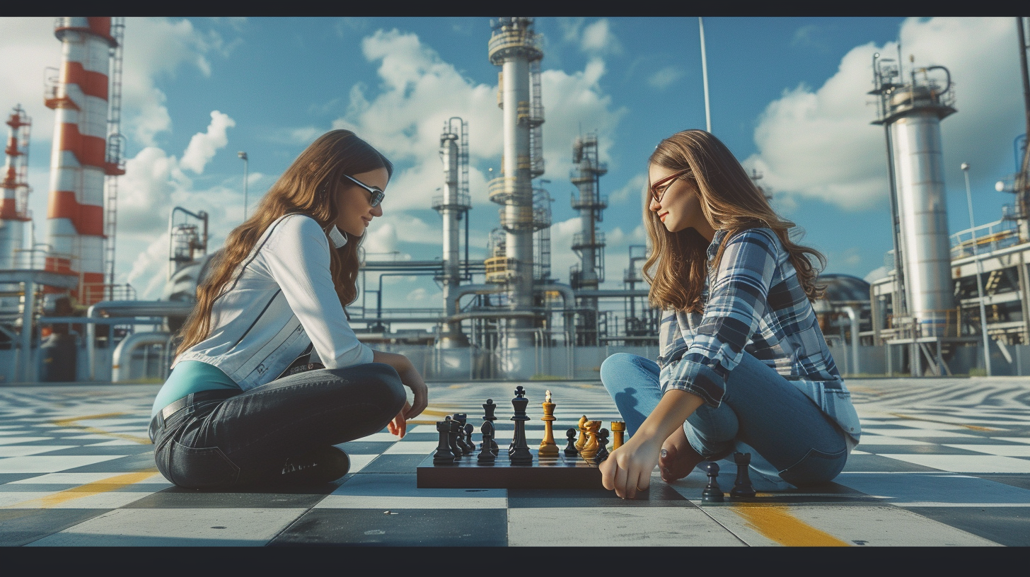 Female computer hackers playing chess at petrochemical facility