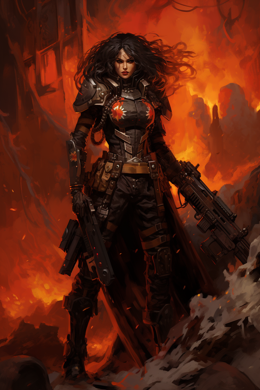 Stunning digital painting of a charismatic female crime lord in a warzone