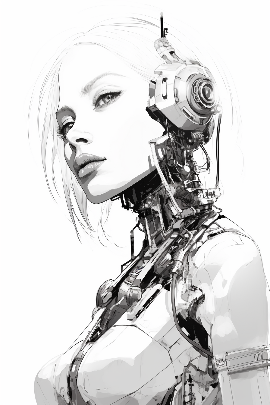 Minimalist sketch of female cyberpunk with robot