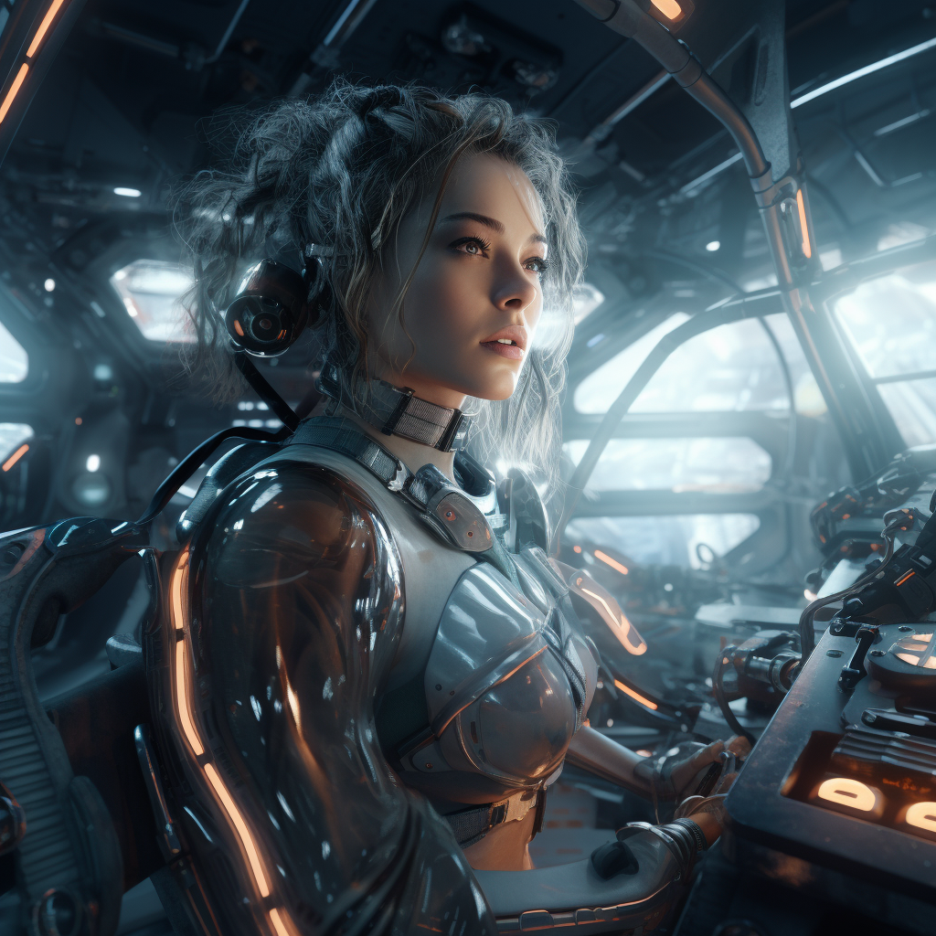 Female cyborg at spaceship controls