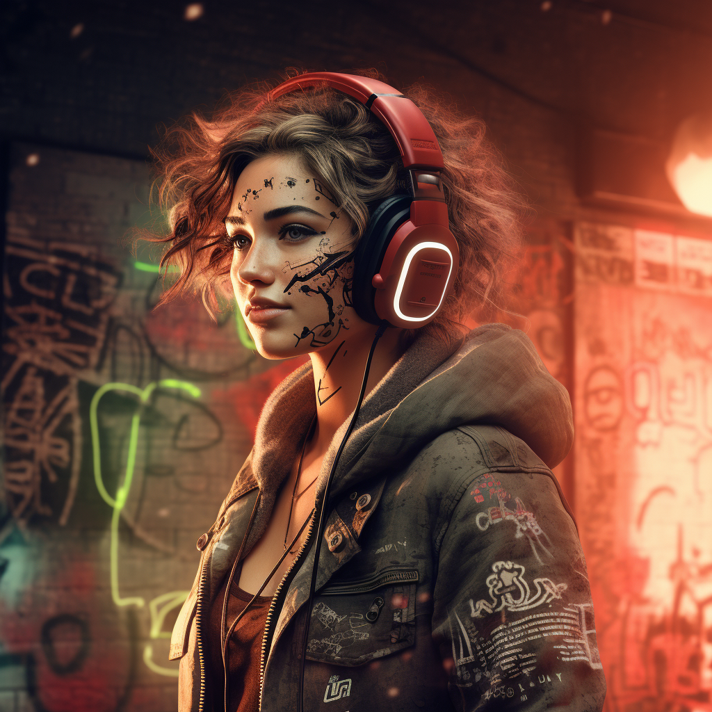 Female cyborg with headphones on dark brick wall