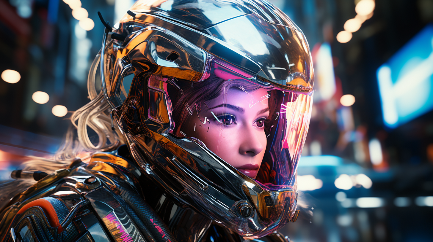 Sleek female cyborg riding futuristic motorcycle