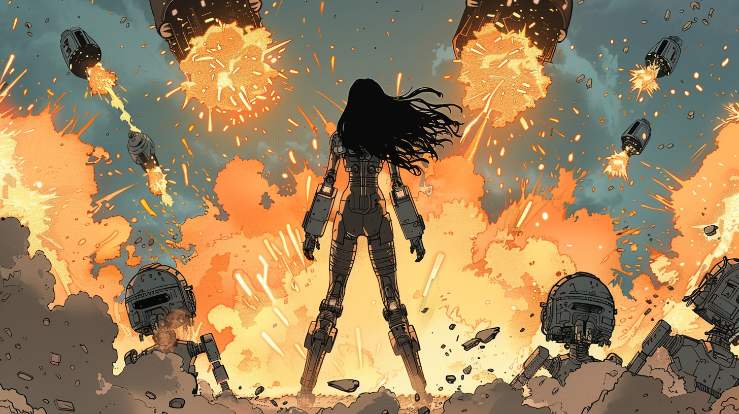 Female cyborg warrior amidst exploding droids