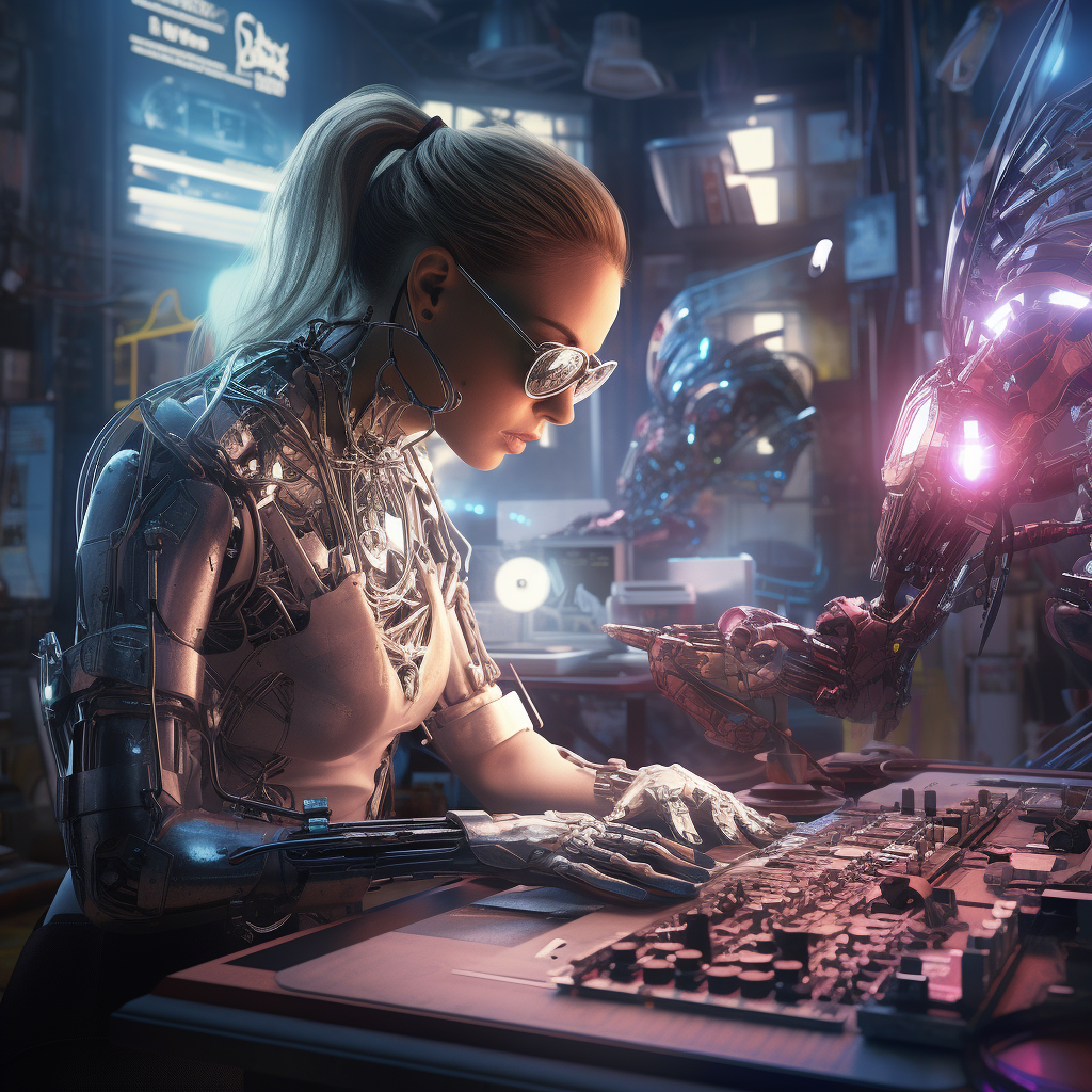 Female cyborg operating cyberpunk control counsel