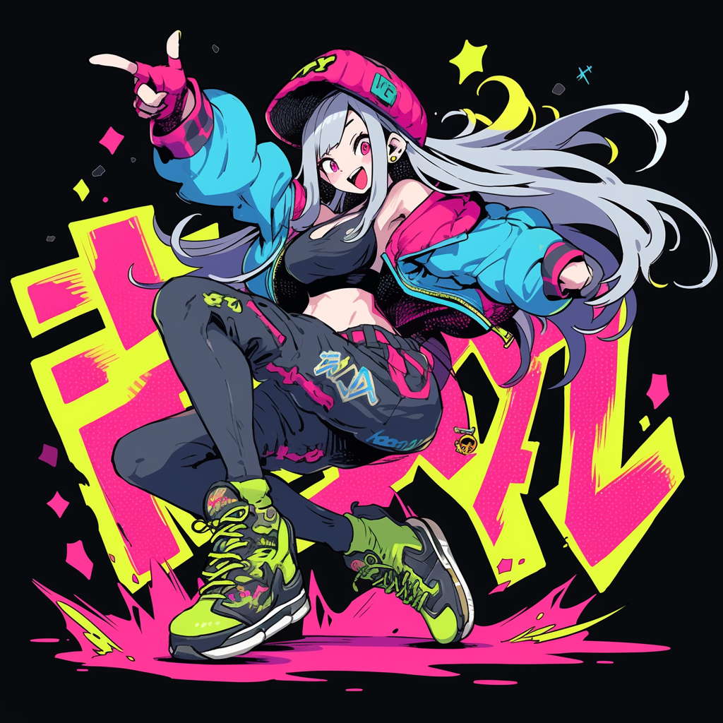 Female dancer and fighting character in comic animation sticker