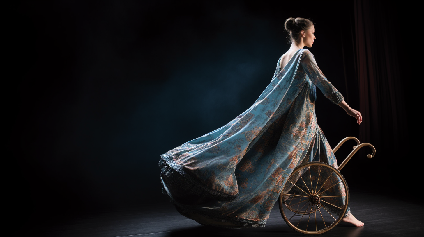 Graceful female dancer pushing stroller on blue silk road