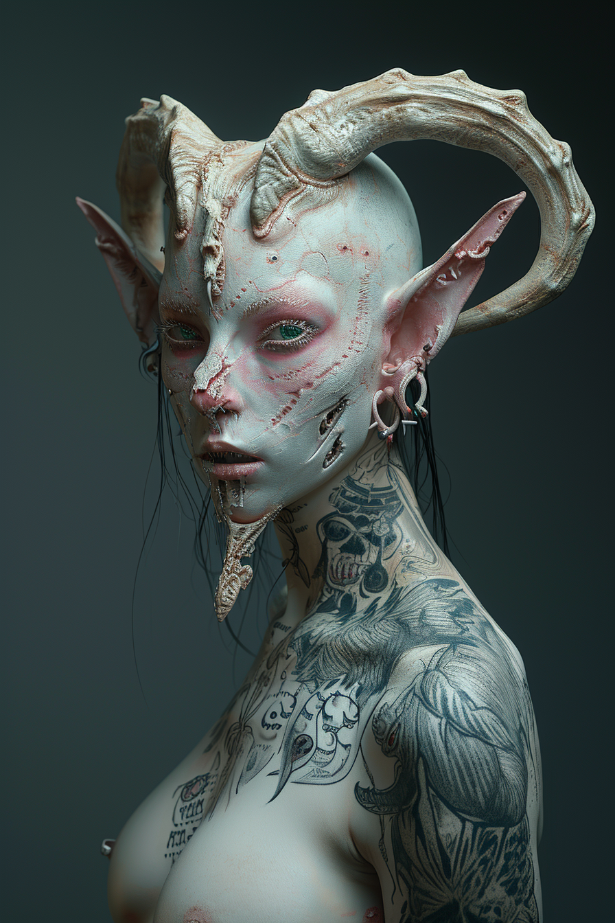 Detailed Female Demon with Metallic Tattoos